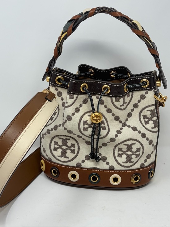 Tory Burch Handbags - Tory Burch Mini T Monogram Grommet Bucket Bag Jacquard Leather Crossbody